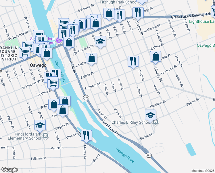 map of restaurants, bars, coffee shops, grocery stores, and more near 36 East Albany Street in Oswego
