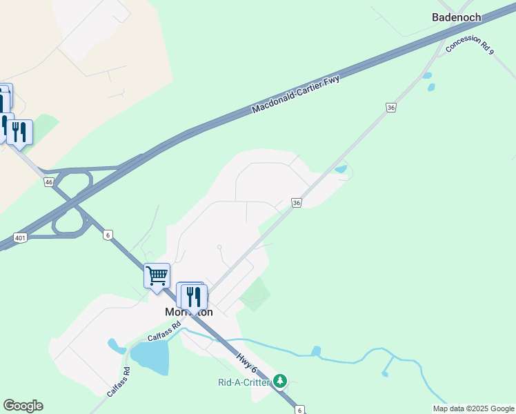 map of restaurants, bars, coffee shops, grocery stores, and more near 18 Currie Drive in Morriston