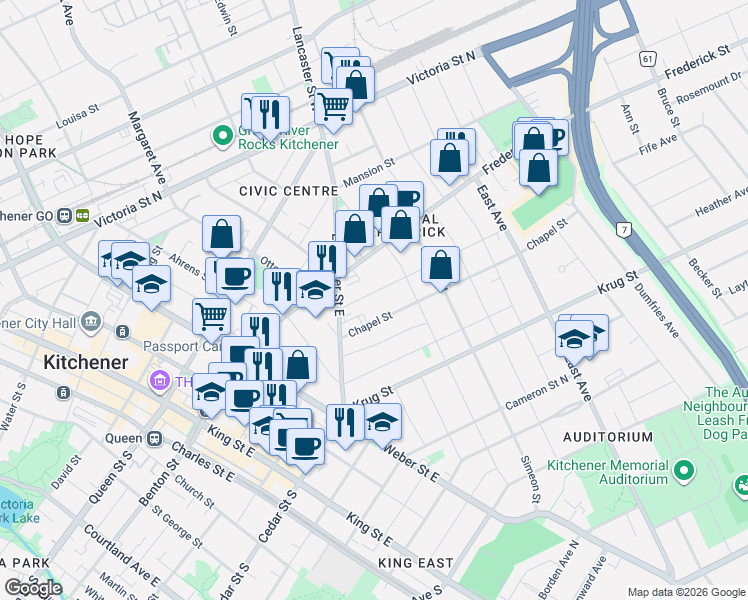 map of restaurants, bars, coffee shops, grocery stores, and more near 31 Bingeman Street in Kitchener