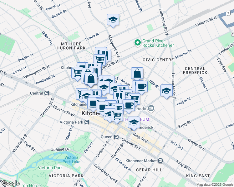 map of restaurants, bars, coffee shops, grocery stores, and more near 107 Young Street in Kitchener