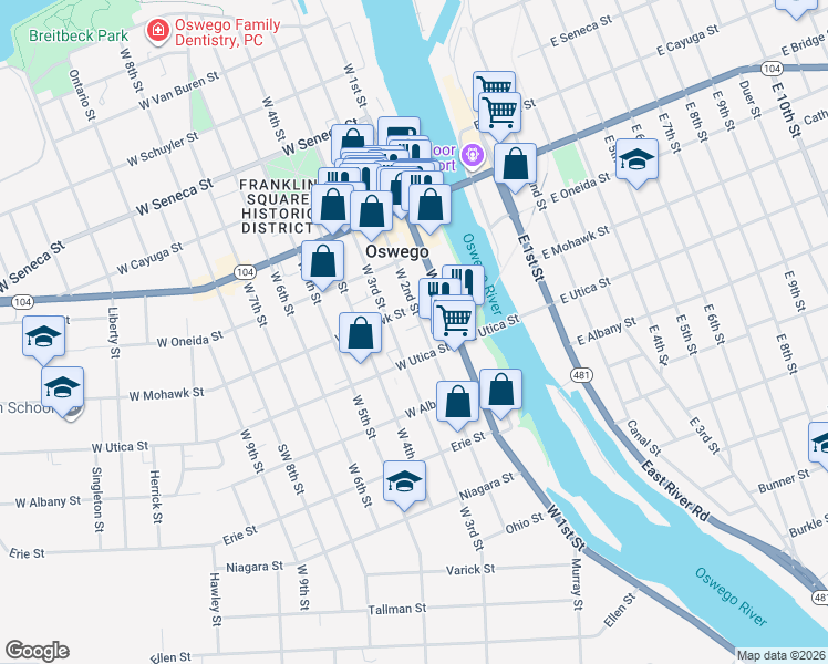 map of restaurants, bars, coffee shops, grocery stores, and more near 201 West 2nd Street in Oswego