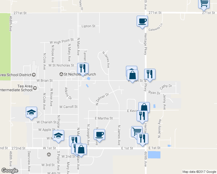 map of restaurants, bars, coffee shops, grocery stores, and more near 725 North James Avenue in Tea