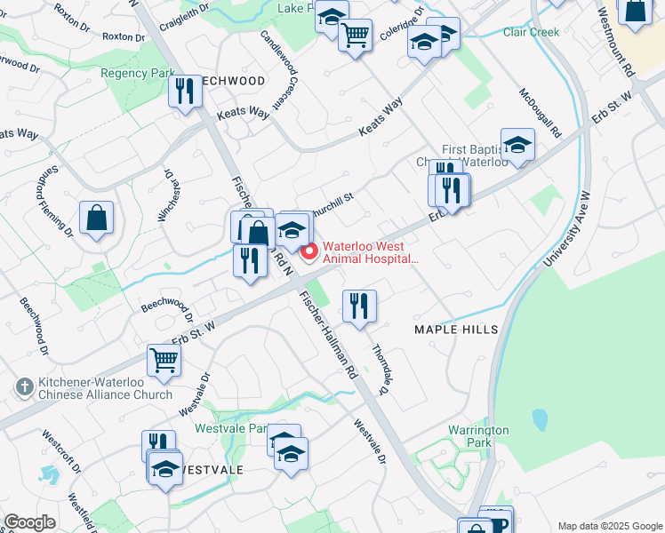 map of restaurants, bars, coffee shops, grocery stores, and more near 405 Erb Street West in Waterloo