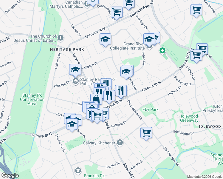 map of restaurants, bars, coffee shops, grocery stores, and more near 80 Breckenridge Drive in Kitchener