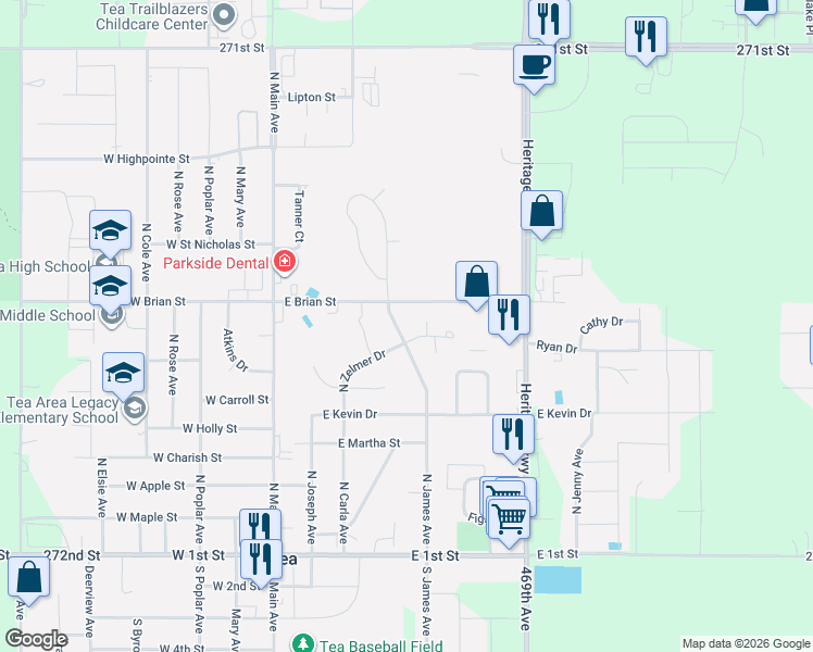 map of restaurants, bars, coffee shops, grocery stores, and more near 405 East Brian Street in Tea