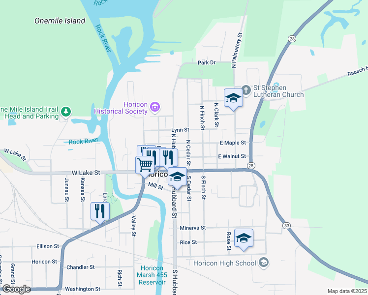 map of restaurants, bars, coffee shops, grocery stores, and more near 514 East Maple Street in Horicon