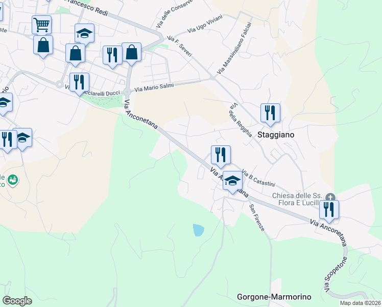 map of restaurants, bars, coffee shops, grocery stores, and more near 125 Via Anconetana in Arezzo