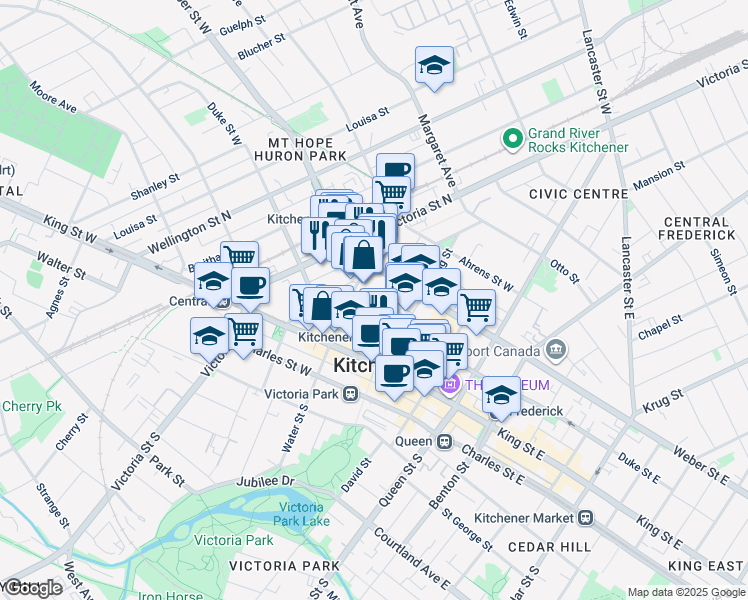 map of restaurants, bars, coffee shops, grocery stores, and more near 53 Water Street North in Kitchener