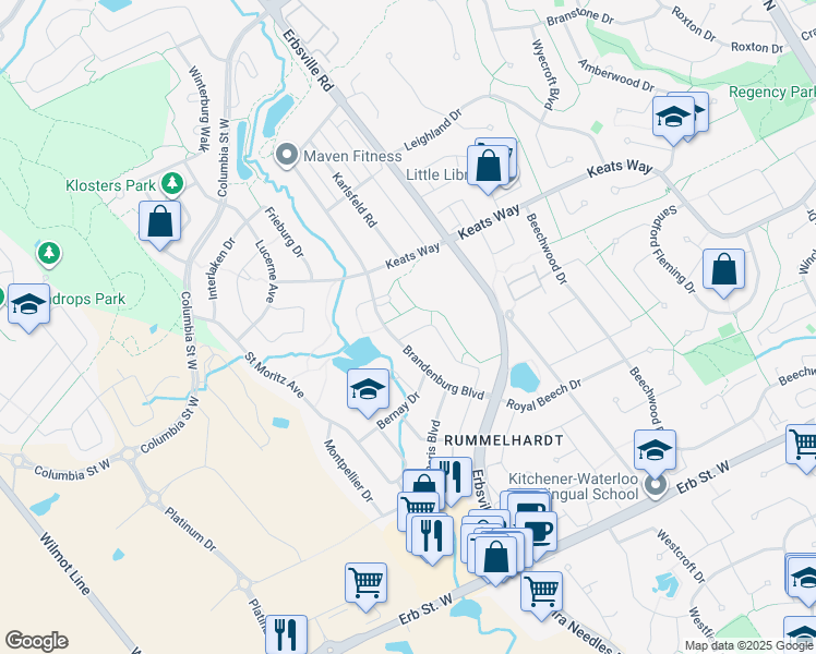 map of restaurants, bars, coffee shops, grocery stores, and more near 478 Lausanne Crescent in Waterloo