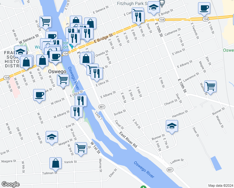 map of restaurants, bars, coffee shops, grocery stores, and more near 165 East 3rd Street in Oswego