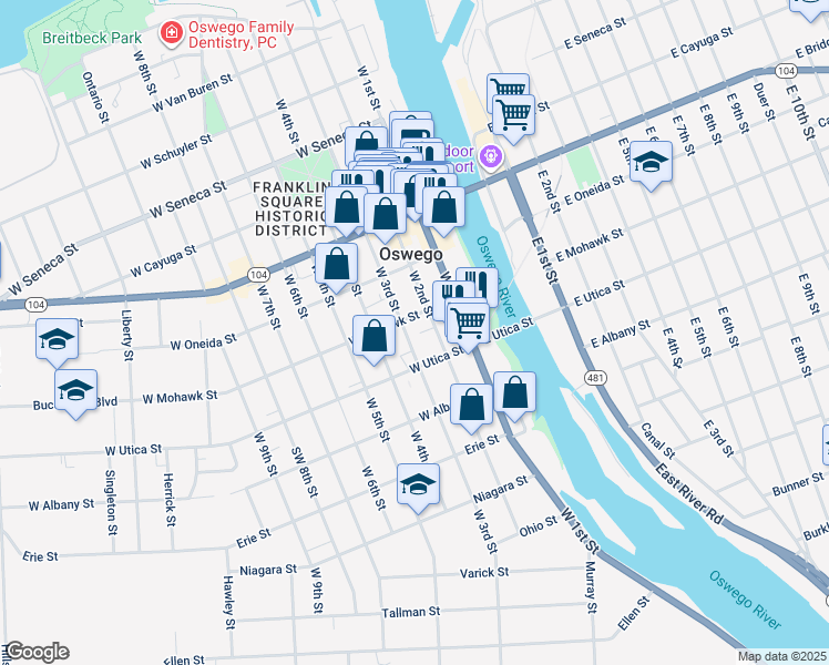 map of restaurants, bars, coffee shops, grocery stores, and more near in Oswego