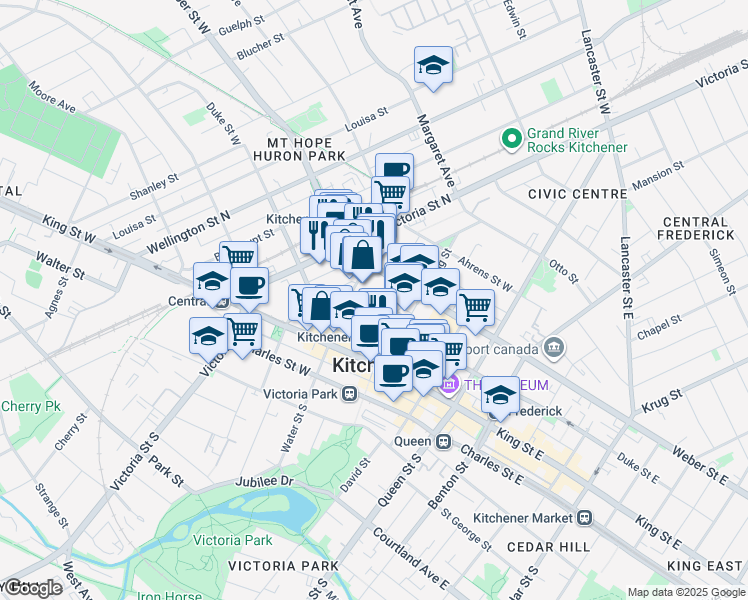 map of restaurants, bars, coffee shops, grocery stores, and more near 53 Water Street North in Kitchener