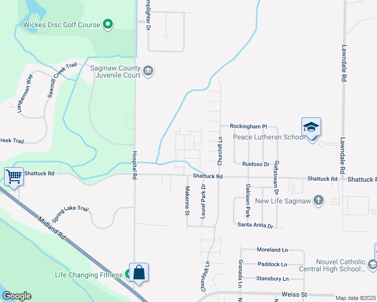 map of restaurants, bars, coffee shops, grocery stores, and more near 1403 Shady Pine Lane in Saginaw