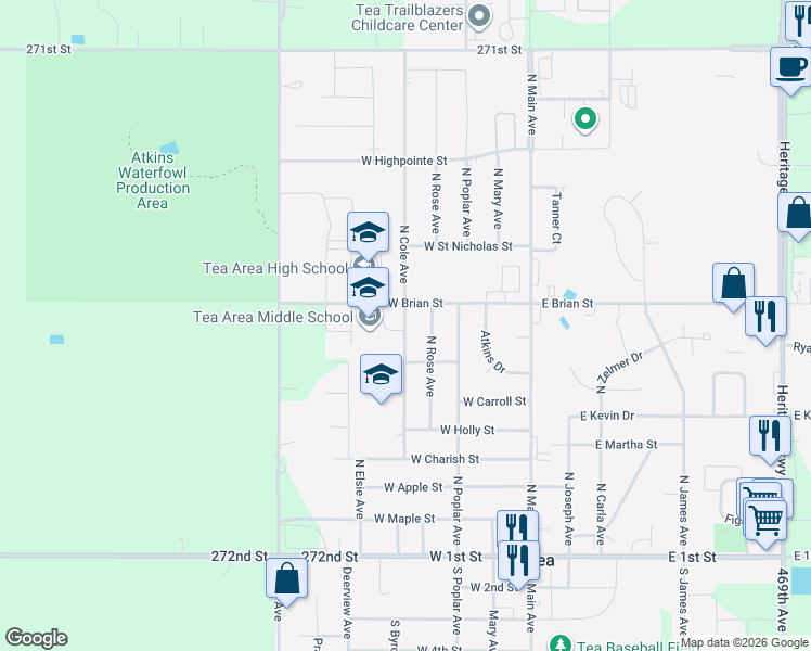 map of restaurants, bars, coffee shops, grocery stores, and more near 820 North Cole Avenue in Tea