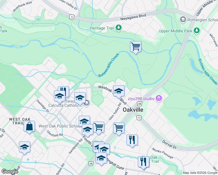 map of restaurants, bars, coffee shops, grocery stores, and more near 2101 Westoak Trails Boulevard in Oakville