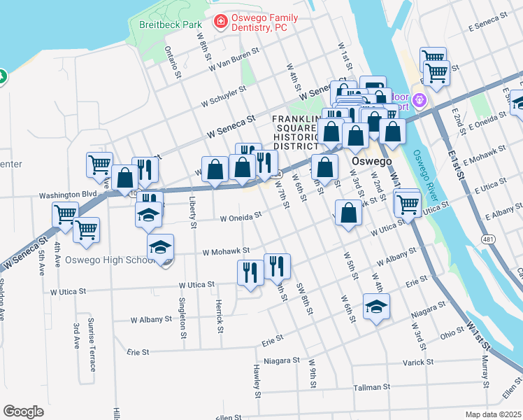 map of restaurants, bars, coffee shops, grocery stores, and more near 149 West 8th Street in Oswego
