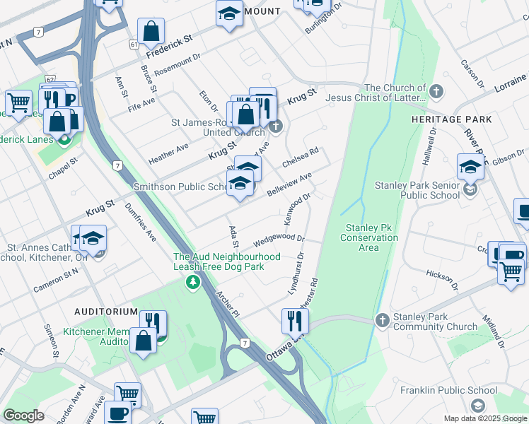 map of restaurants, bars, coffee shops, grocery stores, and more near 138 Donald Street in Kitchener
