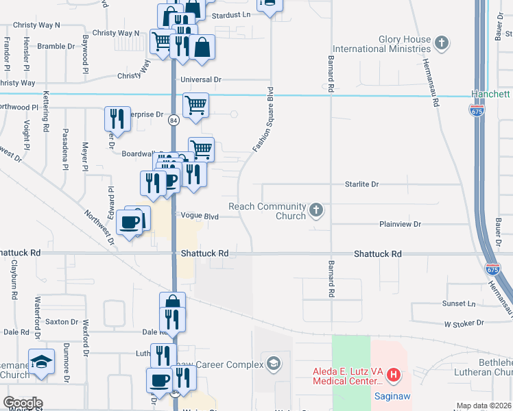 map of restaurants, bars, coffee shops, grocery stores, and more near 2704 Blaine Road in Saginaw