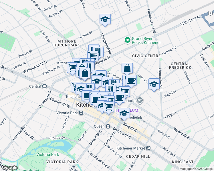 map of restaurants, bars, coffee shops, grocery stores, and more near 48 Weber Street West in Kitchener