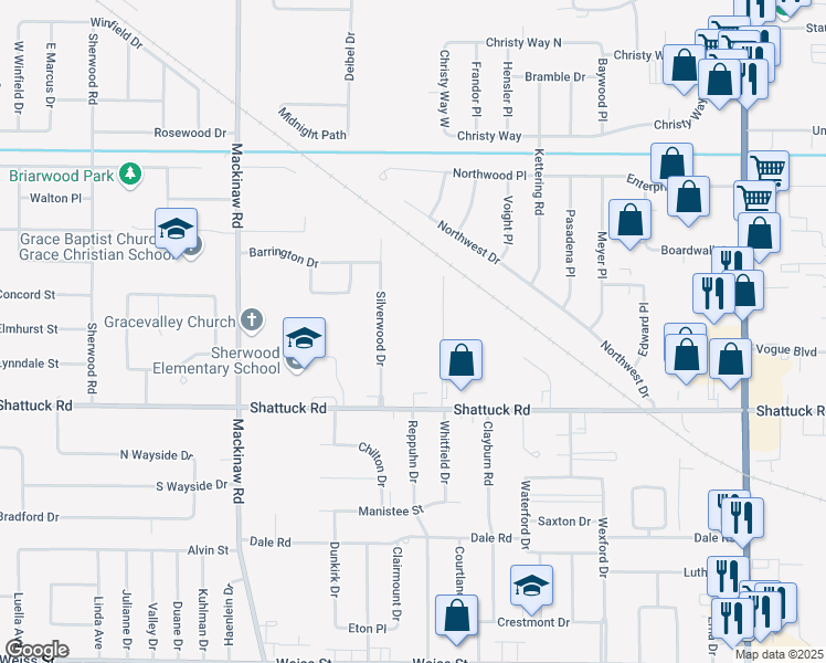 map of restaurants, bars, coffee shops, grocery stores, and more near Shattuck Arms Boulevard in Saginaw