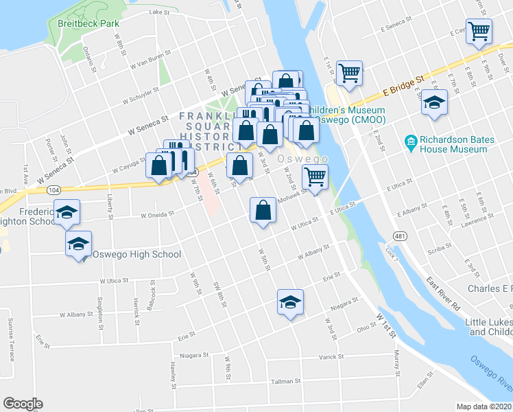 map of restaurants, bars, coffee shops, grocery stores, and more near 166 West 4th Street in Oswego