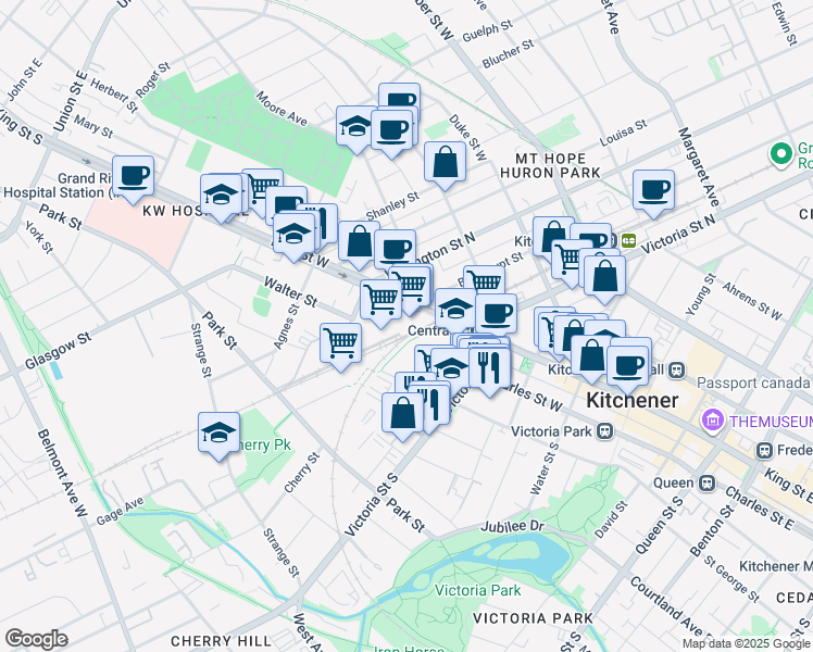 map of restaurants, bars, coffee shops, grocery stores, and more near in Kitchener