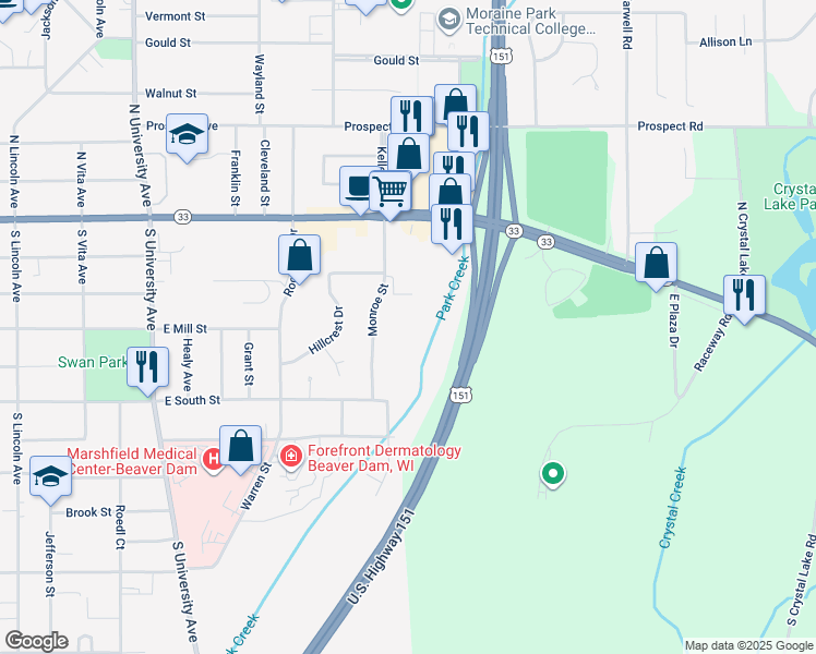 map of restaurants, bars, coffee shops, grocery stores, and more near 311 Monroe Street in Beaver Dam
