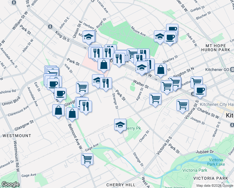 map of restaurants, bars, coffee shops, grocery stores, and more near 327 Park Street in Kitchener