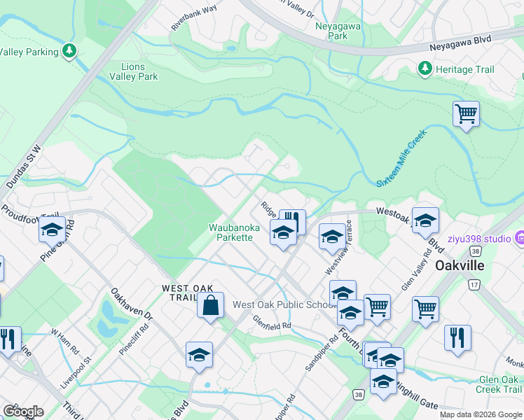 map of restaurants, bars, coffee shops, grocery stores, and more near 2260 Ridge Landing in Oakville