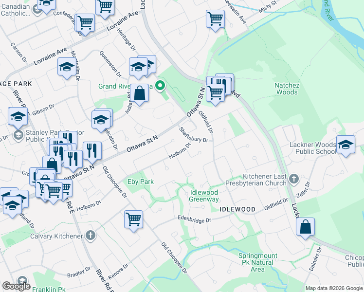 map of restaurants, bars, coffee shops, grocery stores, and more near 228 Holborn Drive in Kitchener