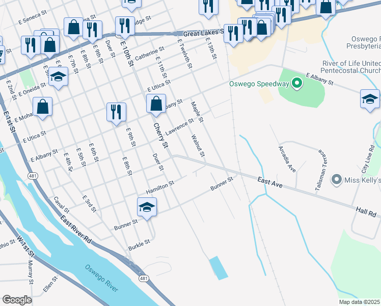 map of restaurants, bars, coffee shops, grocery stores, and more near 319 Chestnut Street in Oswego