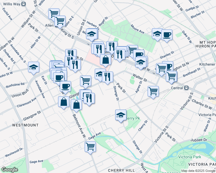 map of restaurants, bars, coffee shops, grocery stores, and more near 26 Elm Street in Kitchener