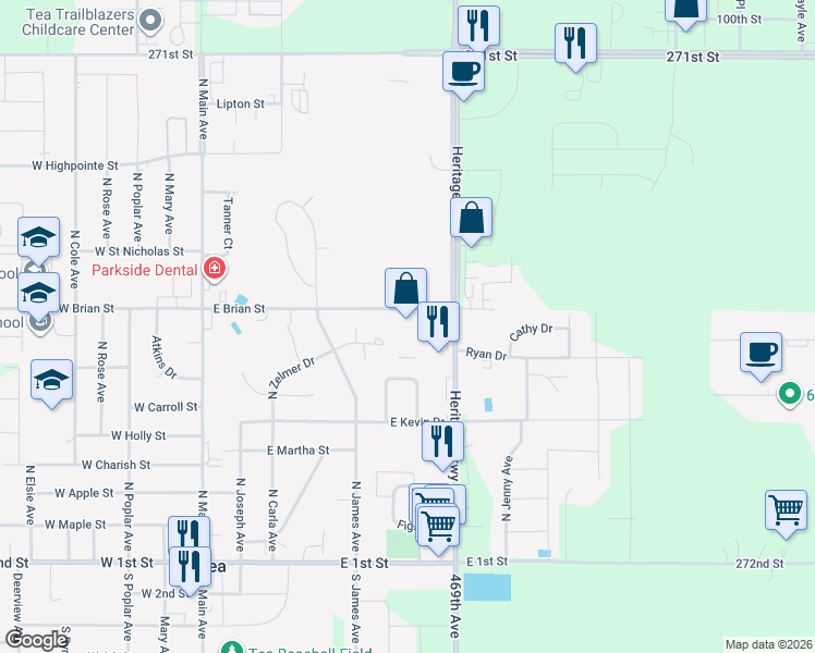 map of restaurants, bars, coffee shops, grocery stores, and more near 615 East Brian Street in Tea
