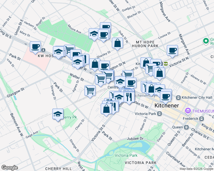 map of restaurants, bars, coffee shops, grocery stores, and more near 607 King Street West in Kitchener
