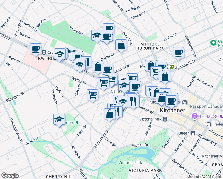 map of restaurants, bars, coffee shops, grocery stores, and more near 35 Wellington Street South in Kitchener