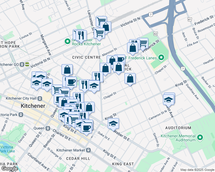 map of restaurants, bars, coffee shops, grocery stores, and more near 26 Bingeman Street in Kitchener