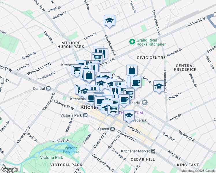 map of restaurants, bars, coffee shops, grocery stores, and more near 56 Weber Street West in Kitchener