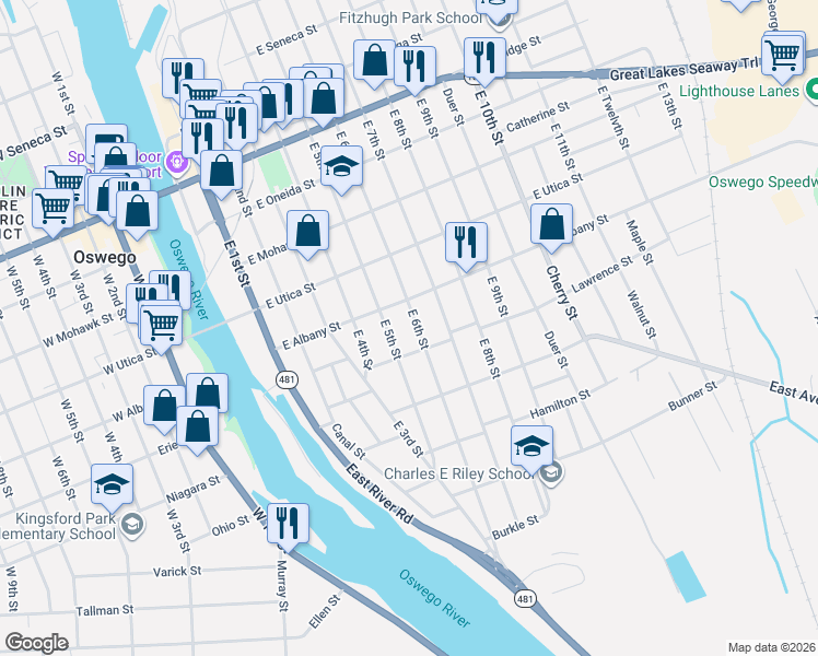 map of restaurants, bars, coffee shops, grocery stores, and more near 173 East 5th Street in Oswego