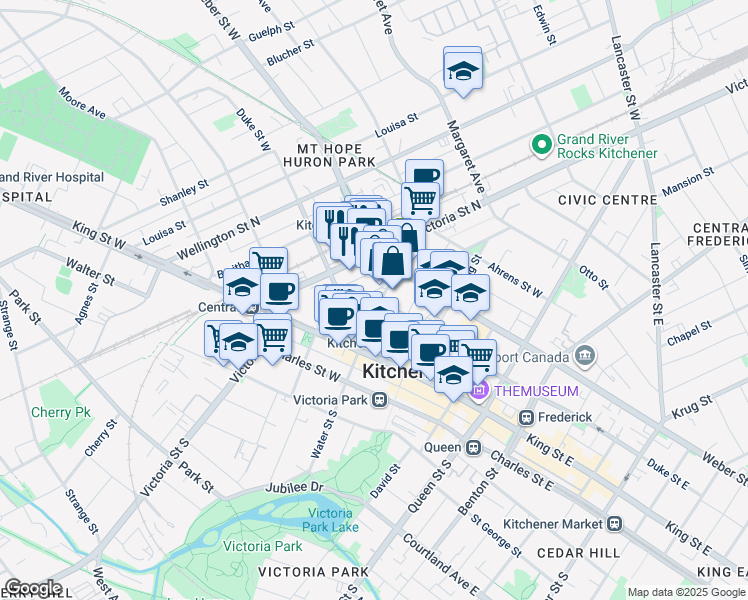 map of restaurants, bars, coffee shops, grocery stores, and more near 56 Francis Street North in Kitchener