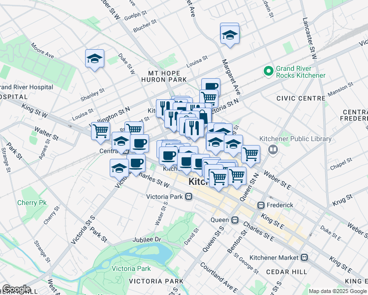 map of restaurants, bars, coffee shops, grocery stores, and more near 56 Francis Street North in Kitchener