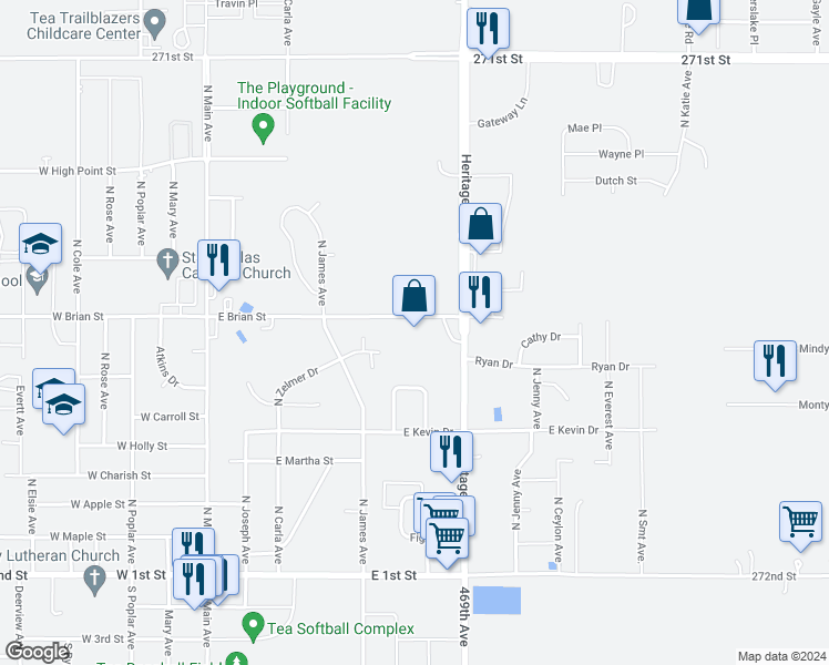 map of restaurants, bars, coffee shops, grocery stores, and more near 615 East Brian Street in Tea