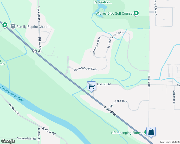 map of restaurants, bars, coffee shops, grocery stores, and more near 17 Sawmill Creek Trail in Saginaw