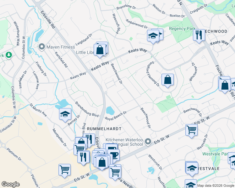 map of restaurants, bars, coffee shops, grocery stores, and more near 671 Beechwood Drive in Waterloo