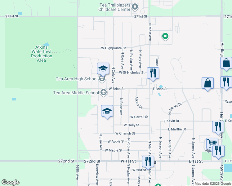 map of restaurants, bars, coffee shops, grocery stores, and more near 820 North Cole Avenue in Tea