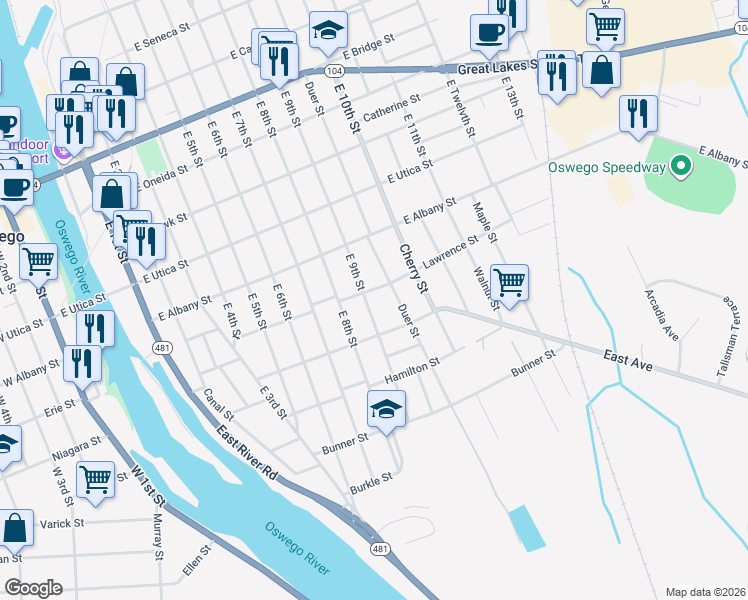 map of restaurants, bars, coffee shops, grocery stores, and more near 303 East 9th Street in Oswego