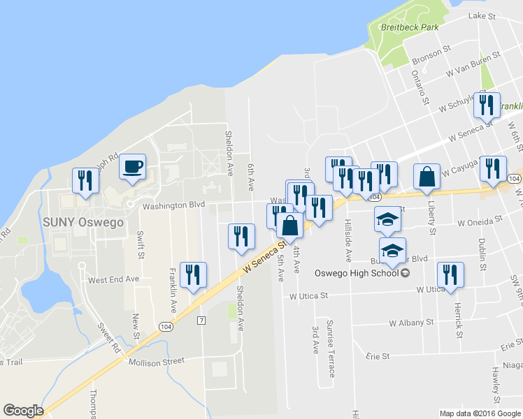map of restaurants, bars, coffee shops, grocery stores, and more near 270 Washington Blvd in Oswego