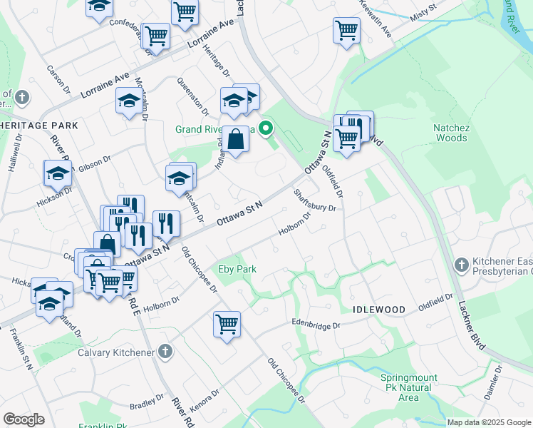 map of restaurants, bars, coffee shops, grocery stores, and more near 86 Carnaby Crescent in Kitchener