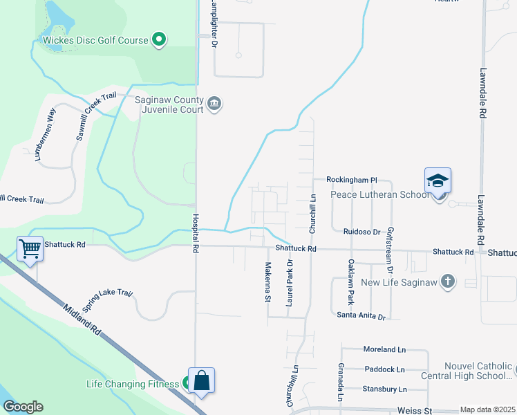 map of restaurants, bars, coffee shops, grocery stores, and more near 1403 Shady Pine Lane in Saginaw