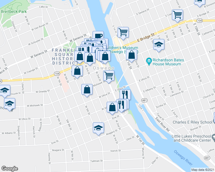map of restaurants, bars, coffee shops, grocery stores, and more near 201 West 2nd Street in Oswego