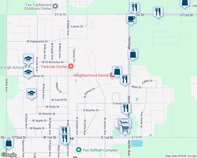 map of restaurants, bars, coffee shops, grocery stores, and more near 405 East Brian Street in Tea